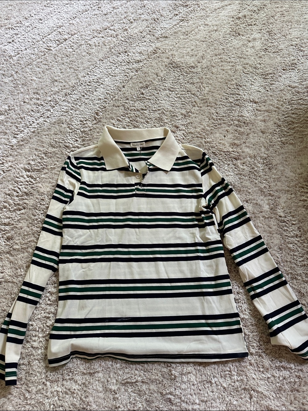 Striped Long-Sleeve Polo Top in Cream and Green